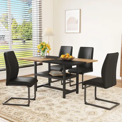 Imagen del producto de STILVORA: Mesa de comedor rectangular, juego de mesa con estante multifuncional y 4 sillas negras. Mesa de comedor fabricada con cuero sintético de alta calidad, ideal para salón, comedor y cocina. Color: