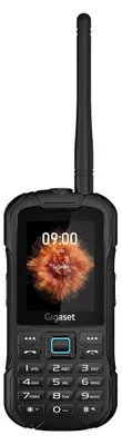 A black Gigaset mobile phone with an antenna is shown against a white background.