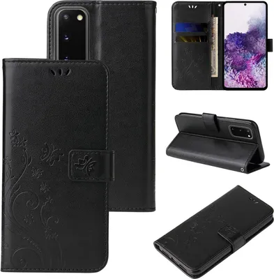 Produktbild von Handyhülle für Samsung Galaxy S20 Floral Blumen Schmetterling Flip Cover Hülle Case Klapphülle Handytasche Farbe: Schwarz