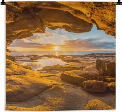 Produktbild von MuchoWow® Wandteppich Wandbehang Höhle - Meer - Horizont - Sonnenuntergang 150x150 cm Tapisserie Dekoration Wandtuch - Wohnaccessoires - Modernes
