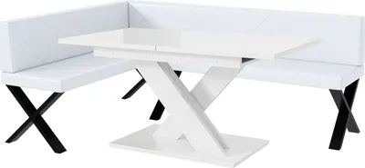 Produktbild von MEBLINI Eckbank für Esszimmer mit ausziehbarem Tisch  - Küchenbank - Essecke - Sitzecke Küche - ERIC - X-Beine 142x196x87cm Links - Weiß Kunstleder/B Weiß Hochgl.