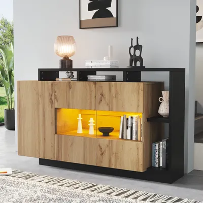 Produktbild von okwish Sideboard,Vitrine mit LED,Aufbewahrungsschrank,Beistellschrank,Buffetschrank mit Bluetooth Steuerung,moderner Esszimmerschrank,Holzfarbe