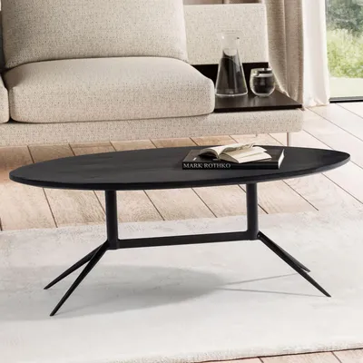 Obrázek produktu pro Konferenční stolek FineBuy, rozměry 90x50x35 cm, masivní mangoové dřevo / kov, černá barva. Oválný konferenční stolek do obývacího pokoje s přírodní strukturou dřeva