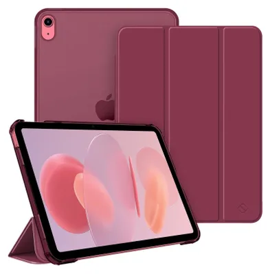 A burgundy iPad case is shown with the iPad inside, propped up by the case.