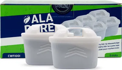 A box of water filters with two filters in the foreground.