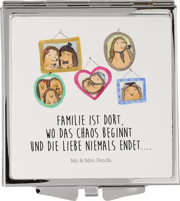 Produktbild von Mr. & Mrs. Panda Taschenspiegel Igel Familie - Weiß - Geschenk, Schminkspiegel, Bilder, Muttertag, Papa, Kleiner Spiegel, Quadratischer, Glück, Klappbarer