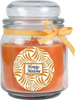 Productafbeelding van Geurkaars met de tekst "Honingmeloen" in een bonbonglas, 300 gram was - Brandduur ongeveer: 70 uur, kaars in glas, verpakt in een cadeauverpakking