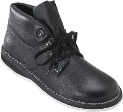 A black leather boot on a white background.