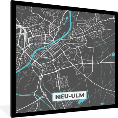 Produktbild von MuchoWow® Gerahmtes Poster Stadtplan - Deutschland - Blau - Neu Ulm - Karte 40x40 cm - Poster mit Schwarzem Bilderrahmen Wandposter Rahmen Foto Bilder - Mit Rahmen - Wanddekoration Schlafzimmer