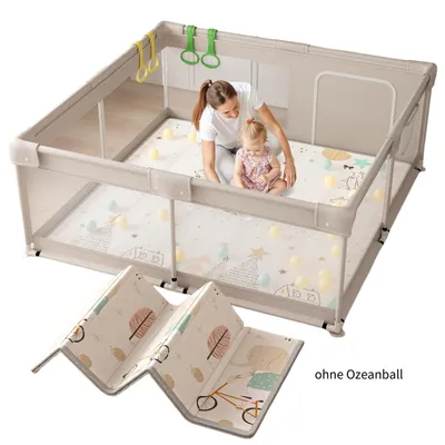 Produktbild von Baby-Laufgitter, 150 x 150 x 68 cm, Laufstall mit Oxford-StoffmatteXXL-Barrieren und atmungsaktivem Netzgewebe an vier Seiten mit Saugnäpfen, grau