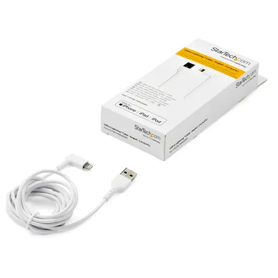Produktbild von STARTECH.COM 2m / 6.6ft Angled Lightning to USB Cable - Heavy Duty MFI Certified Lightning Cable - White - USB to Lightning