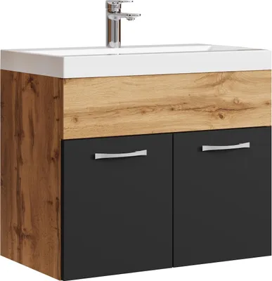 Image de Meuble de salle de bain Montreal 01 60 cm – Chêne avec Noir Mat – Meuble avec Lavabo et Armoire