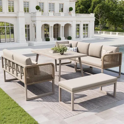 Produktbild von Flieks Rattan Gartenloungeset 5-tlg., Gartenmöbelset für 6-8 Personen, Balkonmöbelset mit Gartentisch, Garten Loungesessel mit Kissen, Beige