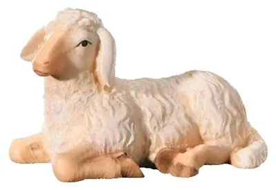 Krippenfigur sitzendes Schaf aus Holz, handbemalt, 14 cm