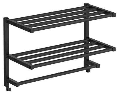 Zdjęcie produktu dla Trzypoziomowy, montowany na ścianie wieszak na ręczniki z haczykami, metalowa półka, wymiary: 60,5 x 21,5 x 38,5 cm, kolor: czarny