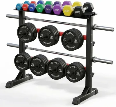 Obrázok produktu pre Stojan na činky a závažia – 3-úrovňový stojan – titánová oceľ – nosnosť až 300 kg – 95 x 46,5 x 100 cm – červený