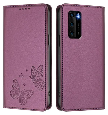 Image de Étui en cuir pour Huawei P40, motif papillon, étui portefeuille à rabat avec support, violet