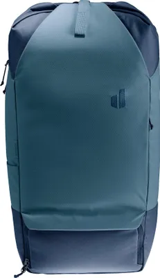 A front view of a teal and navy blue Deuter backpack.