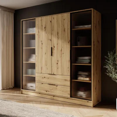 Produktbild von 200 cm breite Schrank Jolie III Eiche Artisane Garderobenschrank mit Glastüren Kleiderschrank mit 4 Scharniertüren Drehtürenschrank mit 2 Schubladen, Farbe: Eiche Artisan