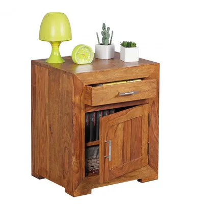 Produktbild von WOHNLING Nachttisch MUMBAI Massivholz Sheesham Design Nachtkommode 60 cm mit Schublade und Tür Nachtschrank für Boxspringbett