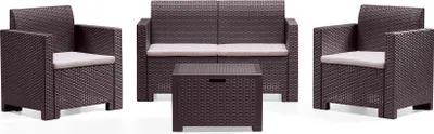 Immagine prodotto di Milani Home - salotto da giardino 2 posti in wicker marrone con cuscini beige, set lounge con 2 poltrone, divano e tavolino per terrazzo e portico