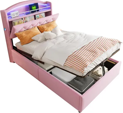 Produktbild von Polsterbett 90x200cm ohne Matratze Kinderbett Samt Einzelbett Multifunktionales Bett mit Stauraum LED und USB Rosa