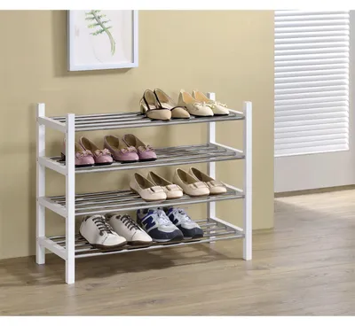 Immagine prodotto di Scaffale per scarpe, porta scarpe, supporto per scarpe, con 4 ripiani, verniciato di bianco, tubi in metallo cromato, impilabile