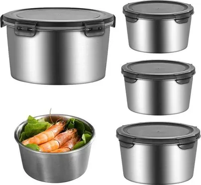 Image de Lot de 4 récipients alimentaires en acier inoxydable - Boîtes de conservation - Boîtes à lunch - Récipients hermétiques - Capacités : 350 + 600 + 1000 + 2000 ml
