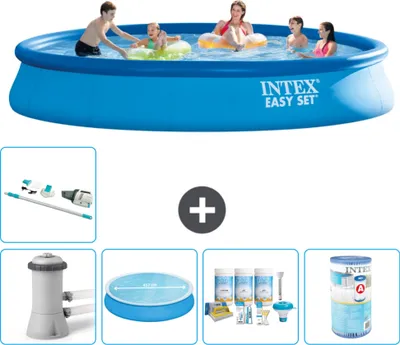 Produktbild von Intex runder aufblasbarer Easy Set-Schwimmpool – 457 x 84 cm – Blau – inklusive Pumpe Sonnensegel - Wartungspaket - Filter - Staubsauger