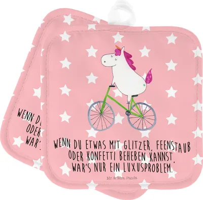 Produktbild von Mr. & Mrs. Panda Topflappen Einhorn Radfahrer - Rot Pastell - Geschenk, Kochlappen, Unicorn, Einhörner, 2er Set, Topfuntersetzer, topfhalter, Bike, Radfahren, Feenstaub
