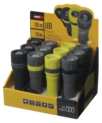 Obrázek produktu pro Emos LED malá svítilna P4703, 75 filmů, 3× AAA, zaostření, 12 ks, displej Box