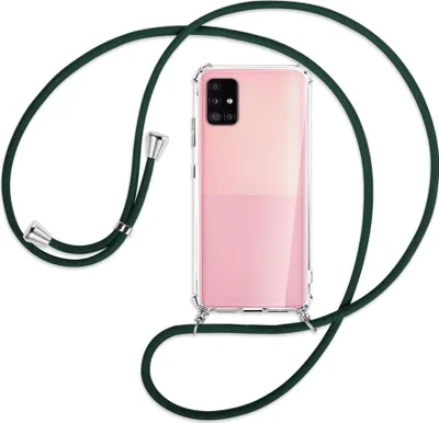 Produktbild von Handykette Backcover-Schutzhülle mit Band (Metall silberfarben) für Samsung Galaxy A51 5G (A516) - dunkelgrün