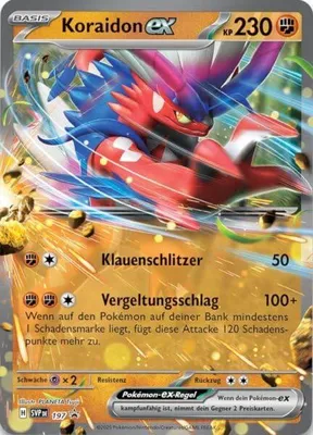 Produktbild von Pokémon Karte Koraidon ex – SVP197 – Schlagkräftige Legenden – Double Rare – Deutsch – Full-Art Holo Promo + Heartforcards® Versandschutz