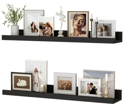 Image de Étagère murale, lot de 2, étagère suspendue de 60 cm en MDF, support mural pour cadres photo et objets de décoration, style industriel, idéale pour le bureau, la chambre à coucher et la cuisine (noir, 60 cm)