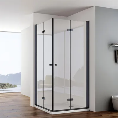 Produktbild von IMPTS Duschkabine Eckeinstieg 90x90cm Mattschwarz Dusche 180º Falttür Duschabtrennung Duschwand 6mm ESG Glas Eckdushe Höhe 185cm,OHNE Duschtasse