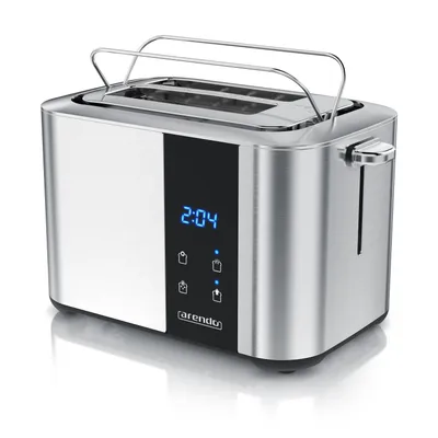 Produktbild von Arendo Toaster 2 Scheiben, Langschlitz, Edelstahl, 850W, Touch-Bedienung, Display mit Restzeitanzeige, Brötchenaufsatz, Auftaufunktion, Wärmeisolierendes Gehäuse, silber