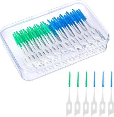 Image de 200 brosses interdentaires en silicone avec boîte et fil dentaire Stick Bleu Vert