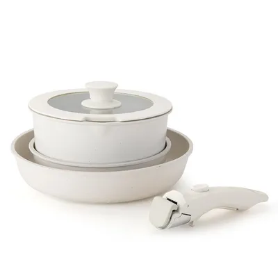Produktbild von Antihaft Topfset 5-teilig mit Silikonglasdeckel – abnehmbare Griffe, multifunktional als Pfanne & Servierplatte, induktionsgeeignet