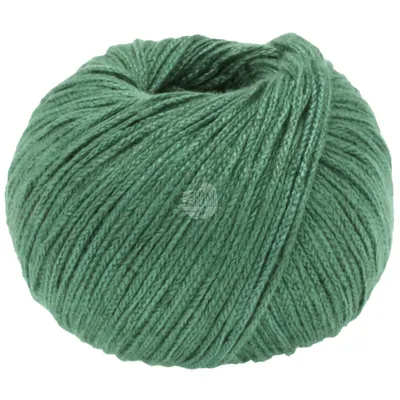 A ball of green yarn on a white background.