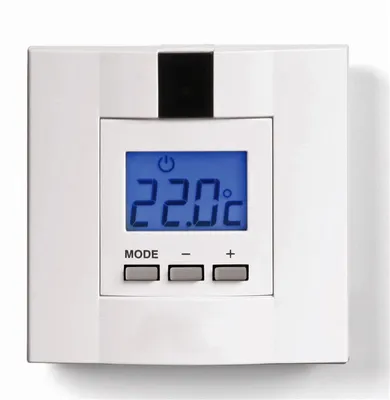 A white digital thermostat is shown against a white background.