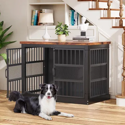 Produktbild von Elzusha - Große Hundebox für den Innenbereich, 104 cm hoch, mit Doppeltür, schwarz