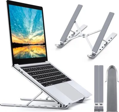Image de Support pour ordinateur portable Unyqoos® – support portable pour refroidissement, réglable en hauteur sur 9 positions (5,5–15,2 cm), pliable, en aluminium de 6 mm, antidérapant, supporte jusqu'à 6 kg, compatible avec les ordinateurs portables de 10 à 15,6 pouces, poids : 0,4 kg, dimensions : 24,1×5,1×2,3 cm