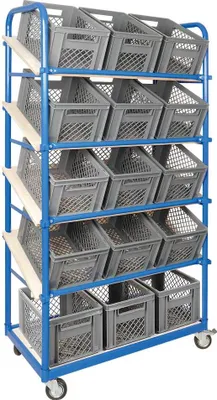Produktbild von Schrägboden-Regalwagen mit 5 Ebenen, bestückt mit 15 Euroboxen 400x300x225 mm durchbrochen grau, 4 Lenkrollen