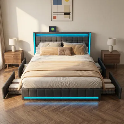 Produktbild von INONEFT Polsterbett 140x200cm mit 4 Schubladen, Jugendbett Doppelbett mit USB/Typ-C und LED, Stauraumbett Massivholzbett mit Lattenrost, Leinen, Grau