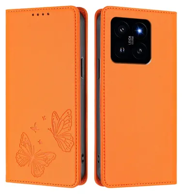 Obrázek produktu pro Kožené pouzdro pro Xiaomi 14, motýlí ražbou, peněženkové flip pouzdro se stojánkem Oranžová