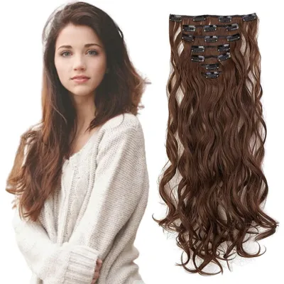 Immagine prodotto di Estensioni per capelli a clip, 7 pezzi, 16 clip, ricci, 50 cm, castano scuro