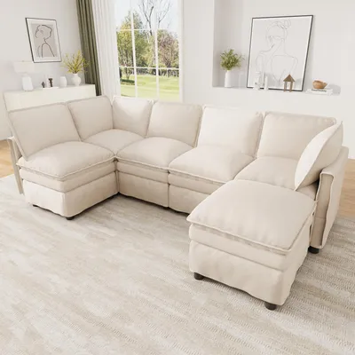 Produktbild von Merax XXL Modulares Ecksofa mit Schlaffunktion, 6-Sitzer Wohnlandschaft U/L-Form, Chenille Cloud Sofa mit Hocker, Doppelpolster, Wohnzimmer, Beige