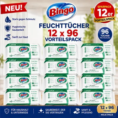 Immagine prodotto di Salviettine umidificate Bingo Verdi 12x96 fogli – Fresca brezza – Confezione grande di salviettine detergenti