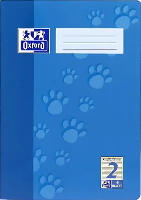 A blue notebook with paw print graphics and an Oxford logo.