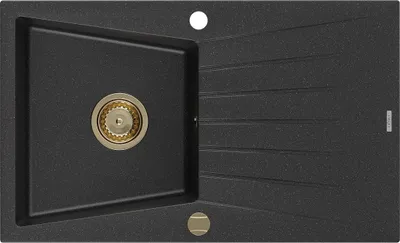 Produktbild von Mexen Cesar Granitspüle mit einem Becken und einer Abtropffläche 775 x 470 mm, Schwarz/Silbermetallic, Siphon Gold - 6514771010-